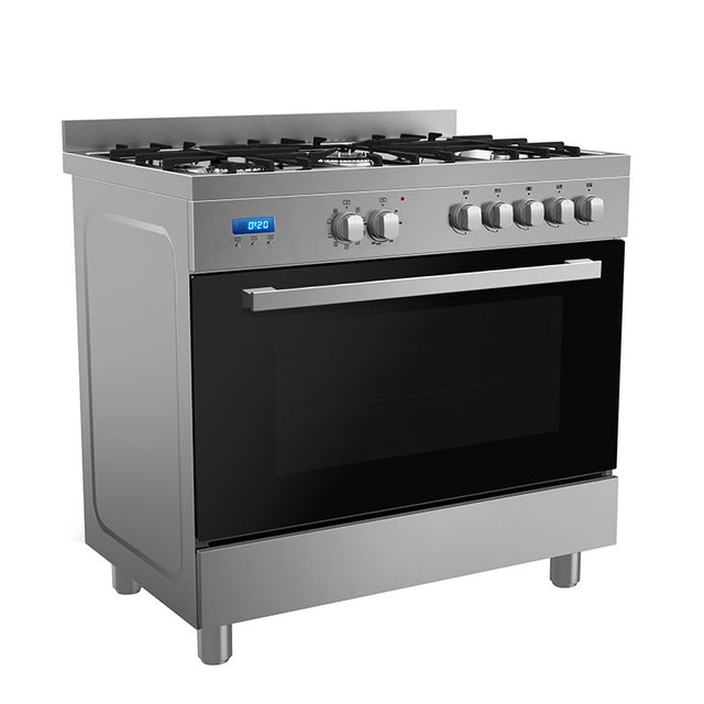 Midea 90cm gas cooktop with five burners, 9-function oven, cast iron support, and sleek triple glass design for modern kitchens.