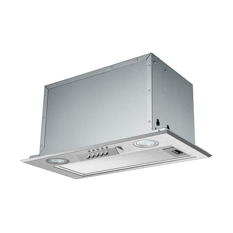 Midea 52cm Integrated Powerpack Rangehood 52T01 in stainless steel, featuring 3 speeds, LED bulbs, and a washable grease filter.