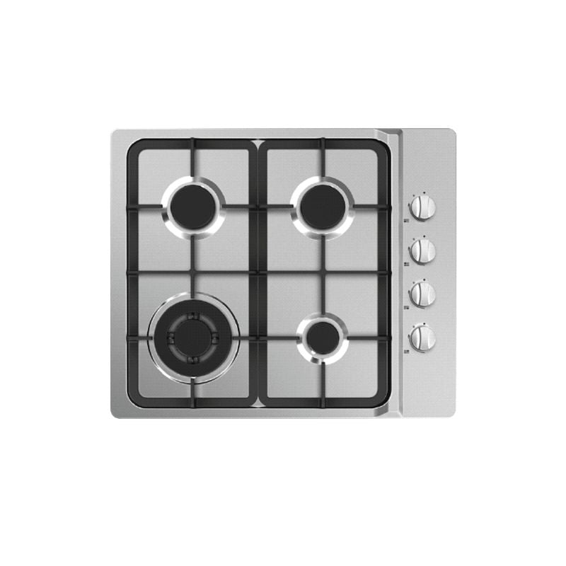 Midea 60cm stainless steel gas cooktop with four burners, automatic ignition, and flame safety features for efficient cooking.