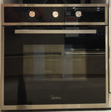 Midea 9-function built-in oven with 65L capacity, sleek black glass, enamel interior, and forced air cooling for stylish cooking.