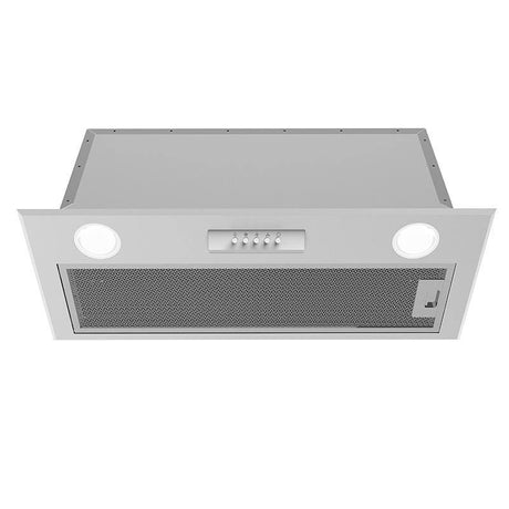 Midea Integrated Powerpack Rangehood 70cm in stainless steel with 3 speed controls, LED lights, and 5-layer washable grease filter.