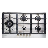 Midea 90cm stainless steel gas cooktop with five burners, including a 3.6 kW triple ring burner, designed for efficient cooking.