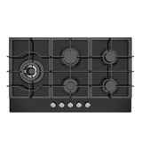 Sleek Midea Black Glass Gas Cooktop with five burners, automatic ignition, and safety features for efficient cooking.