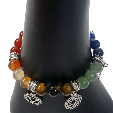 Chakra bracelet set of 3 with 8mm beads, featuring symbols for mindfulness, balance, and spiritual practice.