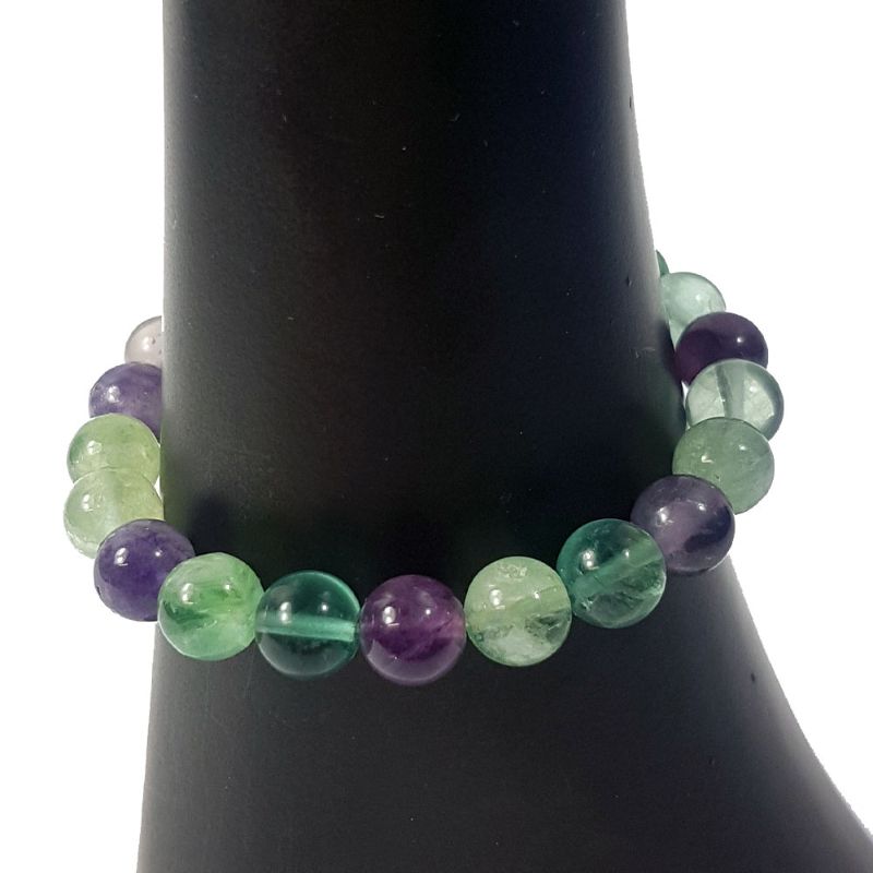 Set of 3 handcrafted 8mm fluorite bead bracelets in purple and green, perfect for stylish and versatile wear.