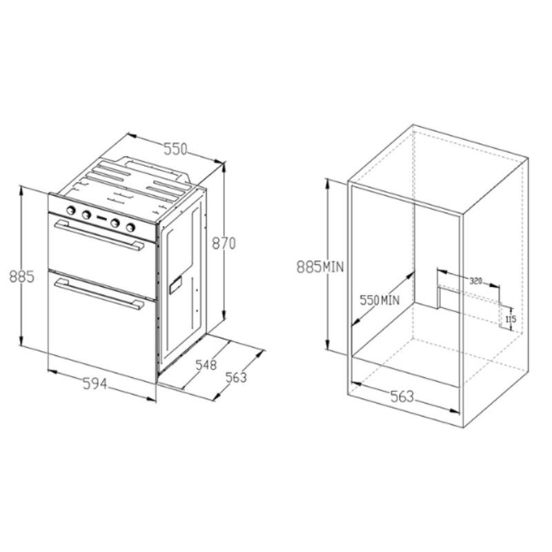 Double wall oven with 35L top oven for small meals and 70L bottom oven for large dishes, featuring modern design and digital controls.