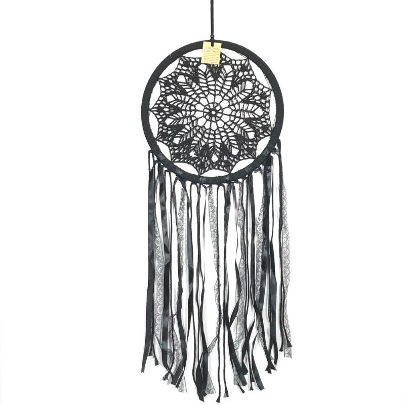 Black Webbed Dreamcatcher, 32cm, featuring intricate webbing and feathers, perfect for stylish home decor and restful sleep.