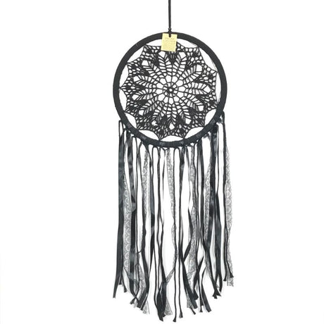 Black Webbed Dreamcatcher, 32cm, featuring intricate webbing and feathers, perfect for stylish home decor and restful sleep.