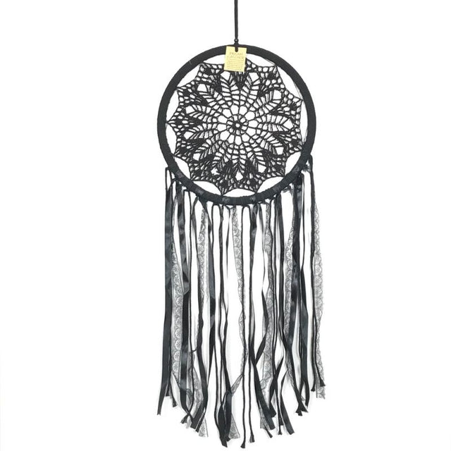 Black Webbed Dreamcatcher, 32cm, featuring intricate webbing and feathers, perfect for stylish home decor and restful sleep.