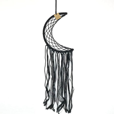 Black Half Moon Dreamcatcher, handmade in Bali, 27cm with feather accents, ideal for bohemian decor and positive energy.