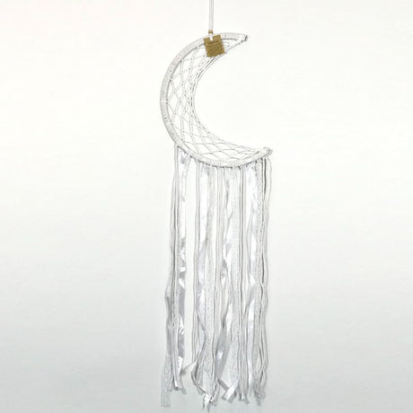 White Half Moon Dreamcatcher, 27cm, featuring intricate webbing and delicate feathers for serene home decor.