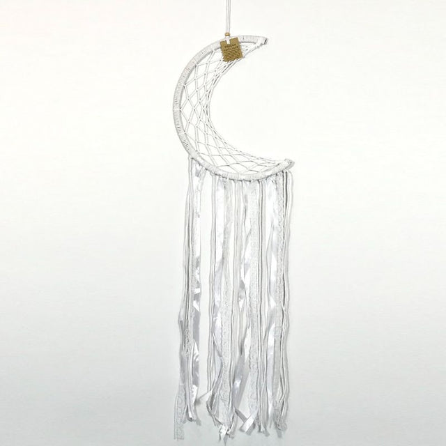 White Half Moon Dreamcatcher, 27cm, featuring intricate webbing and delicate feathers for serene home decor.