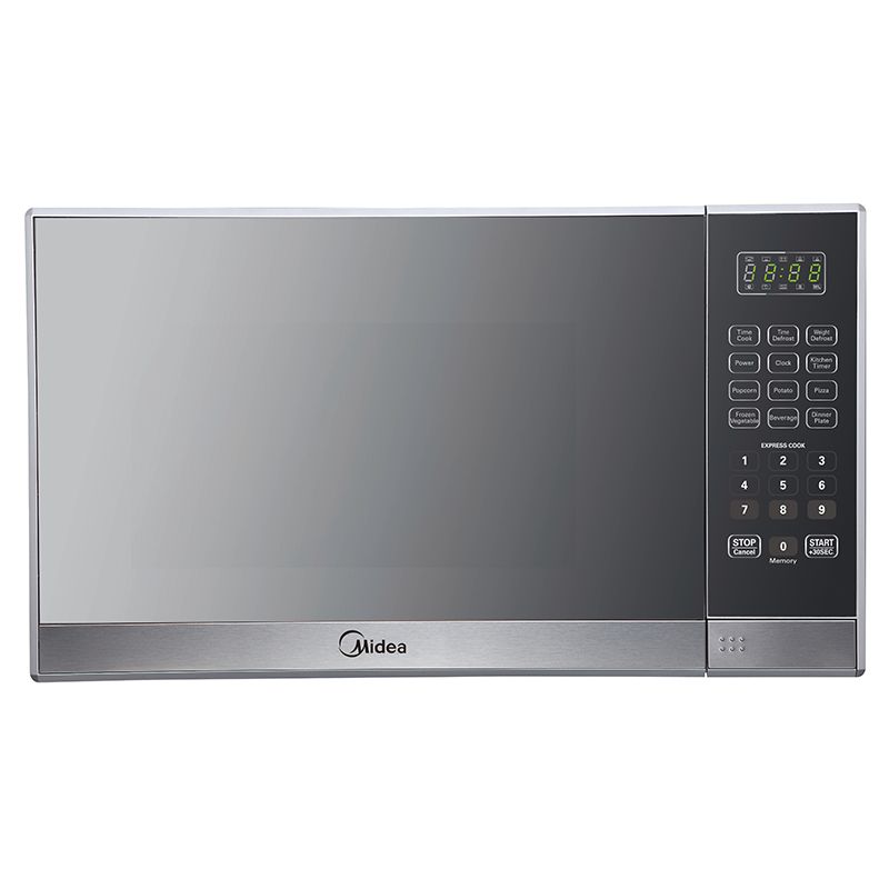 Midea 34L EM134AL7 Turntable Microwave with stylish mirror design, digital control, 11 power levels, and 6 auto cooking menus.