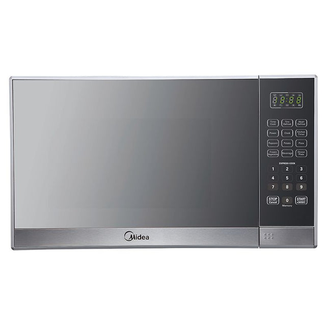 Midea 34L EM134AL7 Turntable Microwave with stylish mirror design, digital control, 11 power levels, and 6 auto cooking menus.