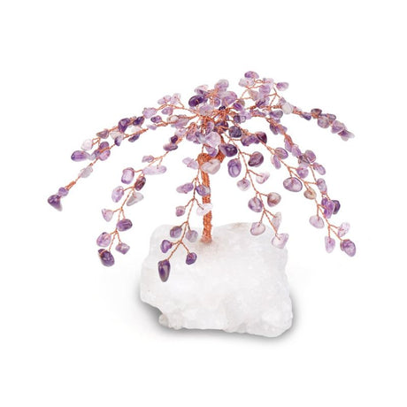 Amethyst gemstone tree with delicate leaf-like crystals on a crystal base, symbolizing prosperity and positive energy.