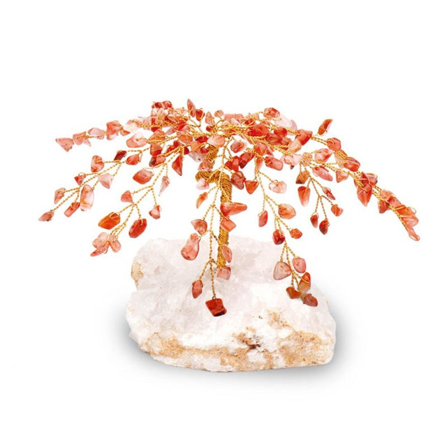 Handcrafted Gemstone Tree with vibrant Carnelian crystals, 12.7cm tall, promoting energy, motivation, and creativity.