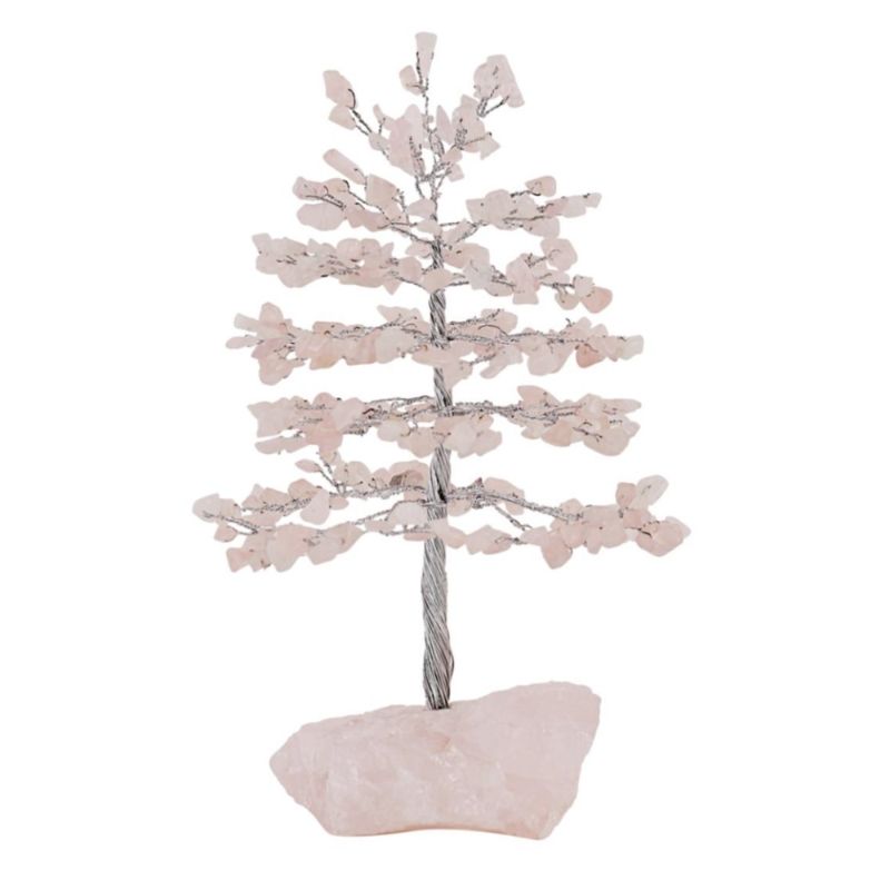 Handcrafted 25cm Rose Quartz Crystal Tree with 300 chip gemstones on a natural base, promoting love and emotional healing.