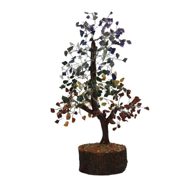 Chakra Crystal Tree with neem base, 30 cm tall, featuring 360 chip gemstones for chakra balance and home decoration.