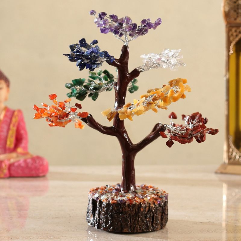 Chakra Crystal Tree with 360 chip gemstones on a neem base, promoting balance, harmony, and wellness in your space.