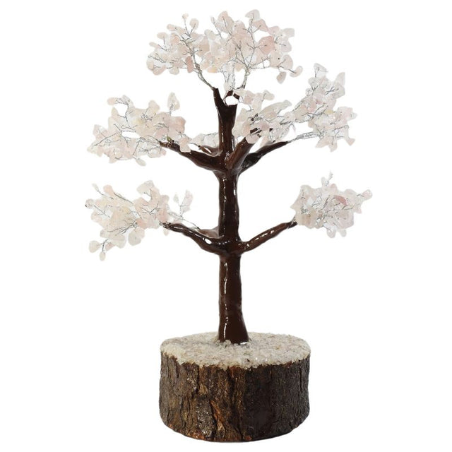 Handcrafted 30cm Rose Quartz crystal tree on neem base, featuring 360 chip gemstones for love and positivity in decor.
