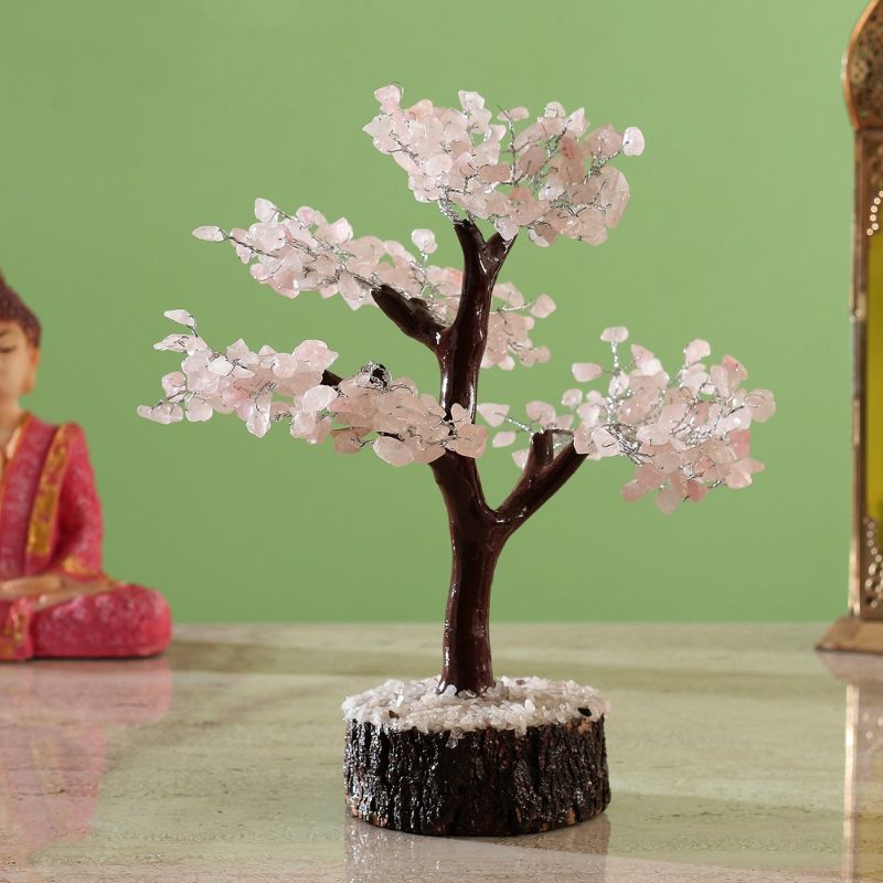 Rose Quartz Crystal Tree on neem base, 30 cm tall, features 360 chip gemstones for love and positive energy.