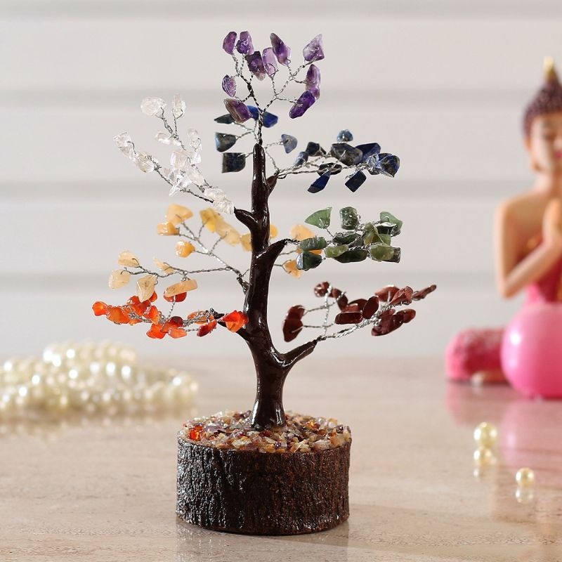 Chakra Crystal Tree with neem base, 19cm tall, handcrafted from 100 gemstones for spiritual healing and positive energy flow.