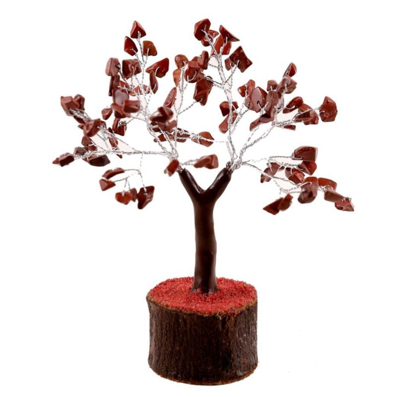 Red Jasper Crystal Tree on neem base, 19cm tall, handcrafted with genuine jasper chips, promoting positivity and vitality.