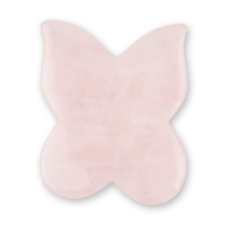 Butterfly-shaped rose quartz Gua Sha plate, 7.5cm, enhances circulation and promotes skin rejuvenation.