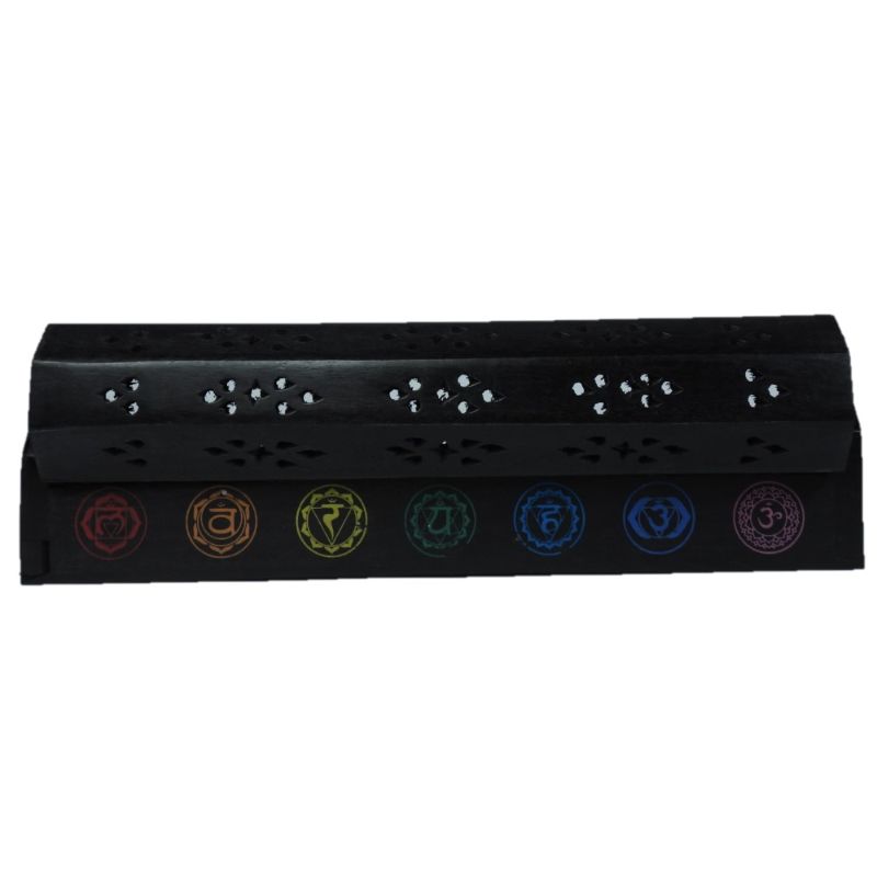 12-inch Black Chakra Box Incense Burner made of mango wood, featuring holes for incense sticks, cone burners, and hidden storage.