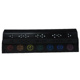 12-inch Black Chakra Box Incense Burner made of mango wood, featuring holes for incense sticks, cone burners, and hidden storage.