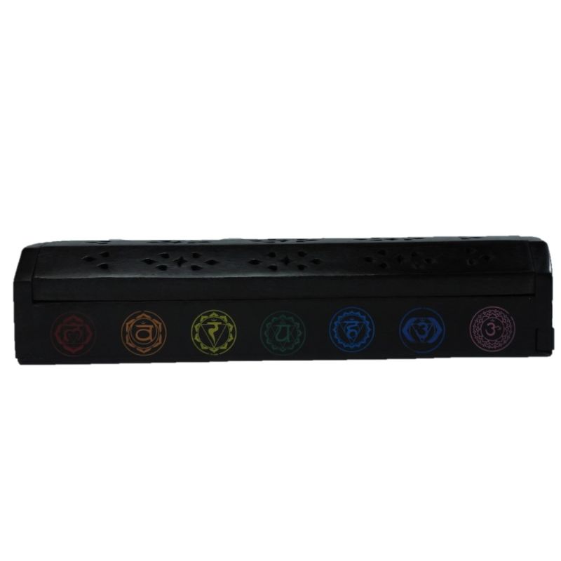 Elegant 12-inch Black Chakra Box Incense Burner in mango wood, featuring holes for sticks, cone burners, and hidden storage.