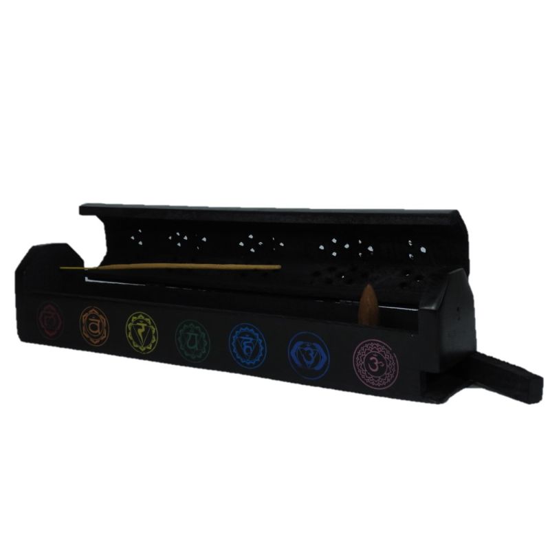 Elegant 12-inch Black Chakra Box Incense Burner in mango wood, featuring storage, holes for sticks, and cone burners for meditation.