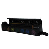 Elegant 12-inch Black Chakra Box Incense Burner in mango wood, featuring storage, holes for sticks, and cone burners for meditation.