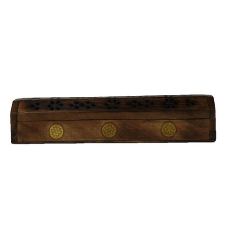 Flower Of Life Box Incense Burner in mango wood, featuring a serene design, storage, and versatility for incense use.