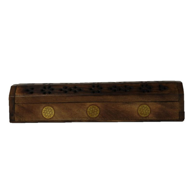 Flower Of Life Box Incense Burner in mango wood, featuring a serene design, storage, and versatility for incense use.
