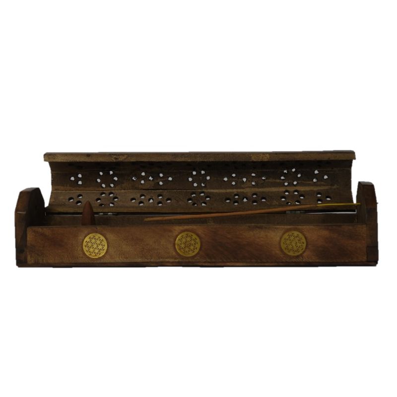 Handcrafted 12-inch mango wood incense burner with flower of life design, featuring multiple burner options and storage compartment.