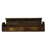 Handcrafted 12-inch mango wood incense burner with flower of life design, featuring multiple burner options and storage compartment.