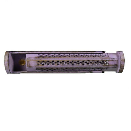 Jali Sliding Purple Box Incense Burner, 12-inch mango wood with sliding top, storage, and holes for stick and cone incense.