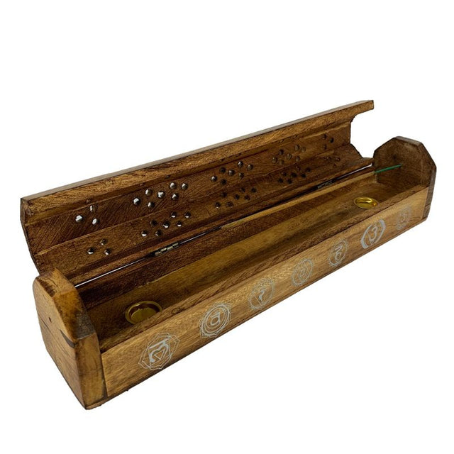 Chakra incense box made of Mango Wood, featuring holes for sticks, cone burners, and storage; ideal for spiritual practices.