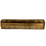 Handcrafted 12-inch Chakra Incense Box in Mango Wood with holes for incense, 2 cone burners, and bottom storage.