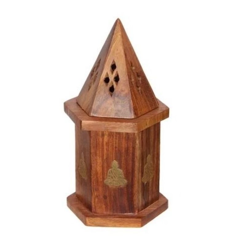 Handcrafted Buddha cone burner in Sheesham wood with brass inlay; features storage for incense, 16 cm tall and serene.