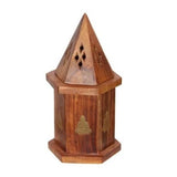 Handcrafted Buddha cone burner in Sheesham wood with brass inlay; features storage for incense, 16 cm tall and serene.