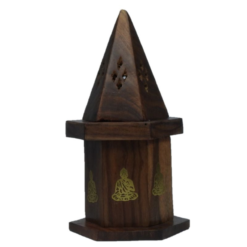 Handcrafted Buddha cone burner in Sheesham wood, 16 cm tall, with brass inlays and storage for incense cones.