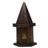 Handcrafted Buddha cone burner in Sheesham wood, 16 cm tall, with brass inlays and storage for incense cones.