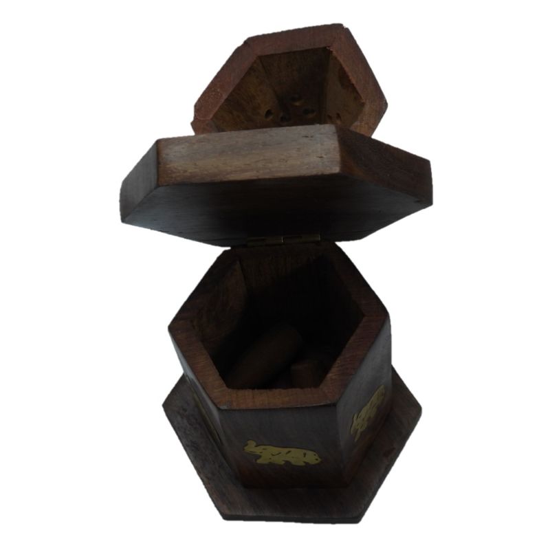 Handcrafted Sheesham wood Buddha cone burner with brass inlay, 16cm tall, features storage for incense, enhancing tranquility.