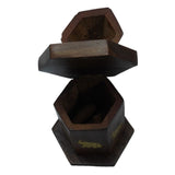 Handcrafted Sheesham wood Buddha cone burner with brass inlay, 16cm tall, features storage for incense, enhancing tranquility.