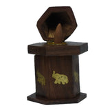Elegant Elephant Cone Burner made of Sheesham wood, featuring brass inlay and storage for incense cones.