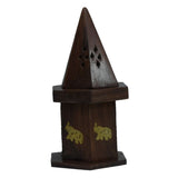 Elegant Elephant Cone Burner crafted from Sheesham wood, featuring brass inlay and storage for incense cones.
