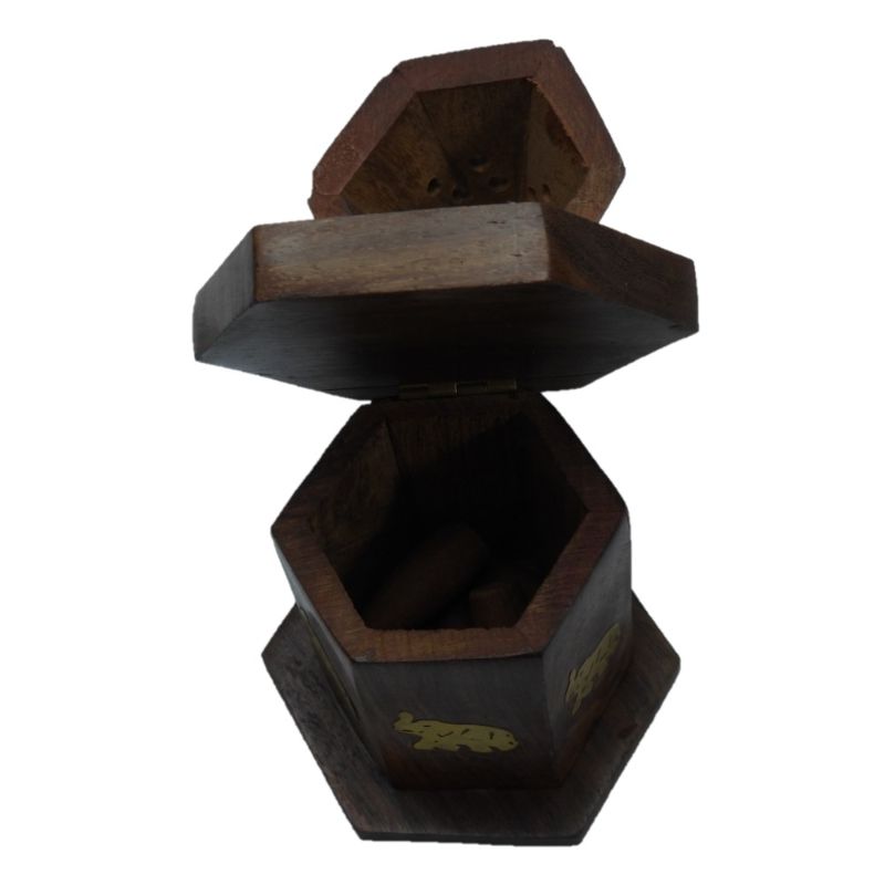 Elegant 6-inch elephant cone burner in polished Sheesham wood with brass inlay, featuring storage for incense cones.