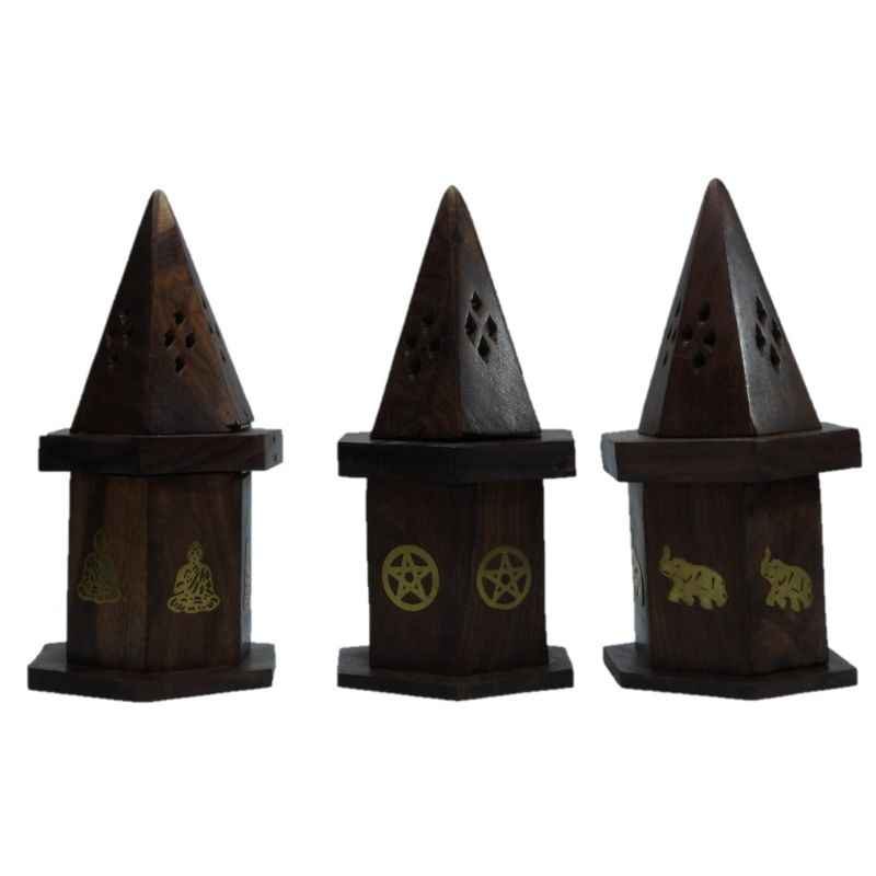 Elegant Elephant Cone Burner made of Sheesham wood with brass inlay, perfect for incense and home decor.